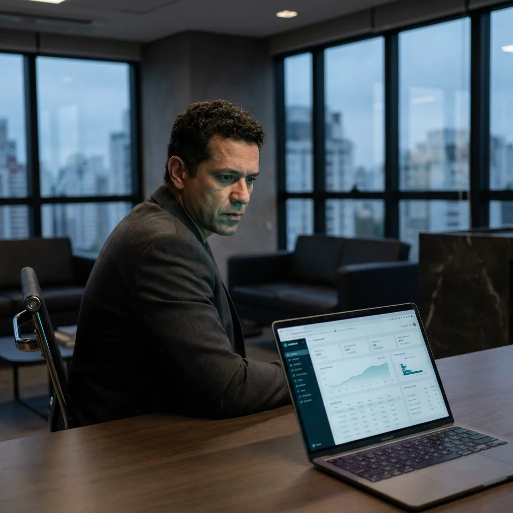 Empresário revisando analytics do site no laptop em escritório premium