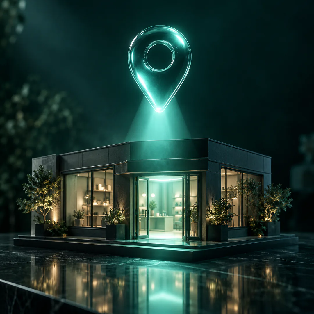 Pin de mapa em vidro verde-água sobre a maquete de uma loja com a porta aberta e iluminada, simbolizando o perfil do Google que leva até o site do negócio.