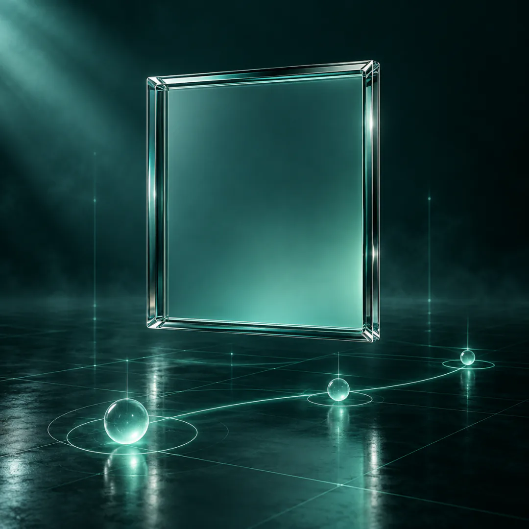 Moldura de vidro polida e vazia sobre uma estrutura luminosa em verde-água, simbolizando a diferença entre acabamento e estrutura no design.
